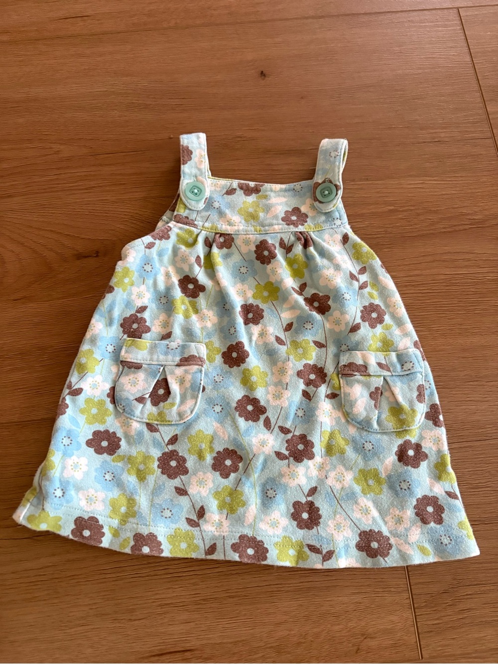 Carter's Light Blue Floral Cotton Pinafore Dress with Brown and Green Flowers